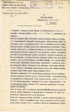 Pismo konserwatorów R. Jakimowicza i S. Krukowskiego z dnia 20.07.1922 r. do Wydziału Nauki Minis...