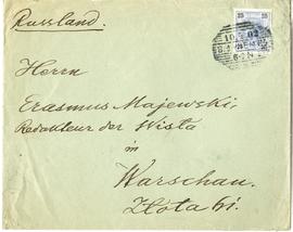 Koperta zaadresowana przez Fryderyka S. Kraussa do Erazma Majewskiego (awers)