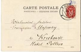 Kartka pocztowa od Władysława Jabłonowskiego do Erazma Majewskiego (druk  znaczek  stempel  rękop...