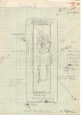 Rysunek odręczny jbw. Gródek  pow. Równe  pole "Nad Rudnikiem". Plan jamy grobowej szki...