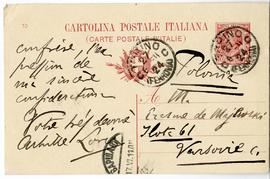 Kartka pocztowa od Achille Lorida do Erazma Majewskiego (druk  rękopis  stemple)  strona 1 (awers)