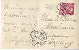 Widokówka od Edwarda Czajkowskiego do Erazma Majewskiego (rękopis  znaczek  stemple)  strona 2