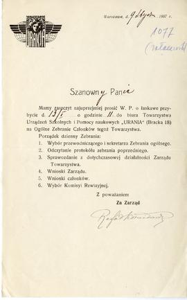 Zaproszenie na Ogólne Zebranie Członków Towarzystwa Urządzeń Szkolnych i Pomocy naukowych "U...