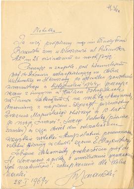 Notatka z dnia 28.01.1969 r. dotycząca odnalezienia depozytu pośmiertnego Erazma Majewskiego  str...
