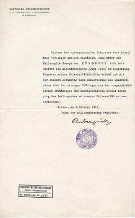 Maszynopis zaświadczenia Wydziału Filozoficznego C.K. UJ w języku niemieckim z dnia 3.10.1917 r. ...