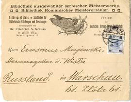 Część (awers) firmowej koperty z  Bibliothek Romanische Meistererzähler  zaadresowanej do Erazma ...