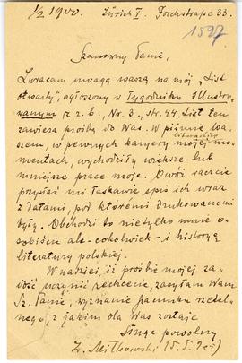 Kartka pocztowa od Z. Miłkowskiego do Erazma Majewskiego (rękopis)  strona 2 (rewers)