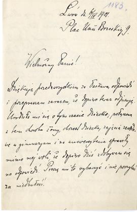 List od dr. J. Leciejewskiego do Erazma Majewskiego z dnia 6.04.1901 r. (rękopis)  strona 1