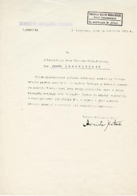 Maszynopis pisma Rektora UJ do Józefa Żurowskiego z dnia 14.04.1933 r. w sprawie uzupełnienia ewi...