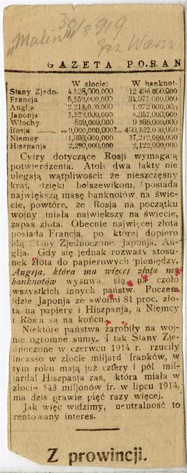 Wycinek prasowy z Gazety Porannej R. 8  1919  nr 237  str 5  z dn. 30.08 1919 r. zawierający frag...