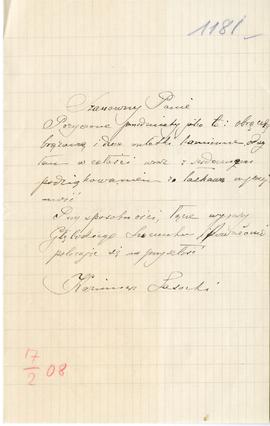 List od Kazimierza Lasockiego do Erazma Majewskiego (rękopis)  strona 1