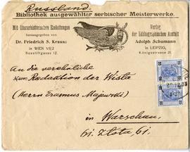 Firmowa koperta z  Bibliothek Romanische Meistererzähler  zaadresowana do Erazma Majewskiego  (aw...