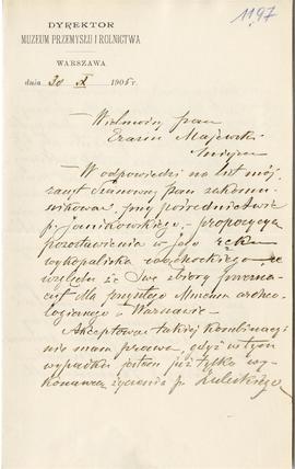 List od Józefa Leskiego  Dyrektora Muzeum Przemysłu i Rolnictwa w Warszawie  do Erazma Majewskieg...