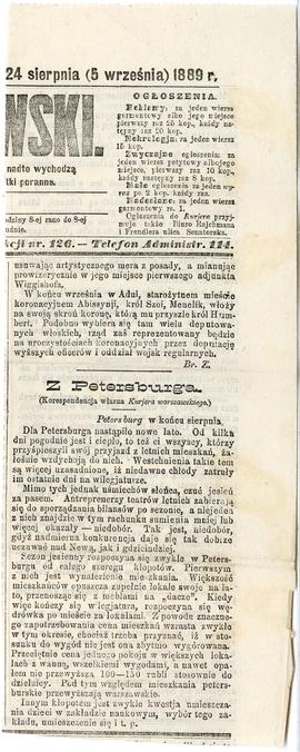 Wycinek prasowy z dn. 24.09. (05.09) 1889 r. : " […]Z Petersburga (korespondencja własna Kur...