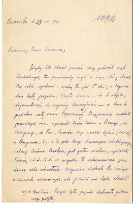 List (rękopis) od Bolesława Koskowskiego do Erazma Majewskiego  strona 1