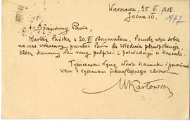 Karta pocztowa od  Mieczysława Karłowicza  do Erazma Majewskiego  (rękopis)  strona 2: rewers