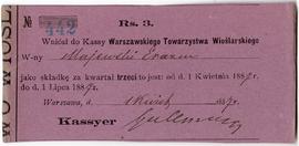 Kwit (luzem w notesie nr 28) z dn. 01.04.1887 r. o nr 442 z Kasy Warszawskiego Towarzystwa Wiośla...