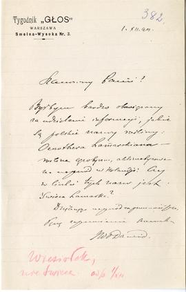 List od Jana Władysława Dawida do Erazma Majewskiego (druk  rękopis)  strona 1