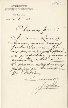 List od Józefa Leskiego  Dyrektora Muzeum Przemysłu i Rolnictwa w Warszawie  do Erazma Majewskieg...