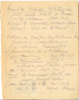Odręczne notatki Józefa Żurowskiego z wykazem literatury  strona 1: "Manuel de Recherches pr...