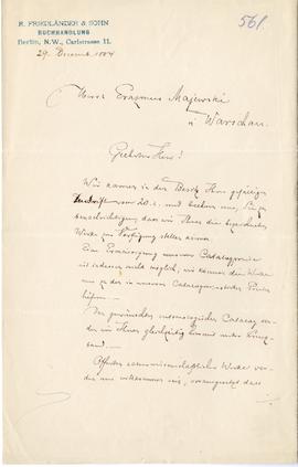 List od R. Friedländer do Erazma Majewskiego (druk  rękopis)  strona 1