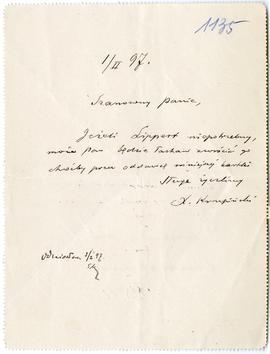 Pisemna wiadomość od Krupińskiego do Erazma Majewskiego  strona 1