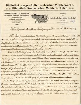 List (rękopis na papierze firmowym) od Fryderyka S. Kraussa do Erazma Majewskiego  strona 1