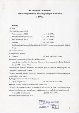 Państwowe Muzeum Archeologiczne w Warszawie. Sprawozdanie z działalności w roku 1998.  Maszynopis...