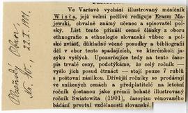 Załącznik do listu od prof. F. A. Hory do Erazma Majewskiego (wycinek prasowy)  strona 1