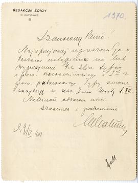 List od M. Malinowskiego do Erazma Majewskiego (druk  rękopis)  strona 1