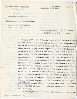 Maszynopis. Pismo Państwowego Muzeum Archeologicznego w Warszawie nr 279-IX z dn. 29 marca 1929 r...