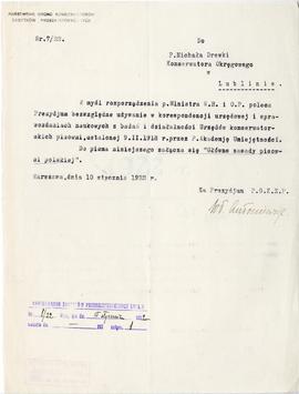 Maszynopis. Pismo Prezydium Państwowego Grona Konserwatorów Zabytków Przedhistorycznych nr 7/22 z...