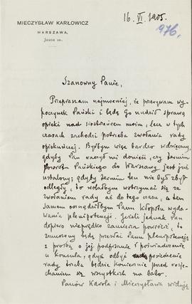 List od Mieczysława Karłowicza do Erazma Majewskiego (rękopis)  strona 1