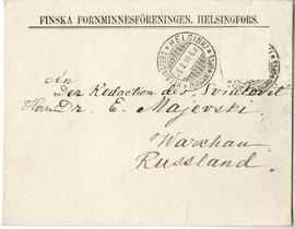 Koperta zaadresowana przez Finska Fornminnesföreningen w Helsinkach do Erazma Majewskiego (druk  ...