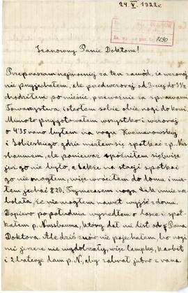 Rękopis listu Tadeusza Przypkowskiego do Józefa Żurowskiego z dnia 24.05.1922 r.  strona 1