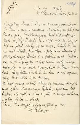 List od Witolda Klingera do Erazma Majewskiego (rękopis)  strona 1