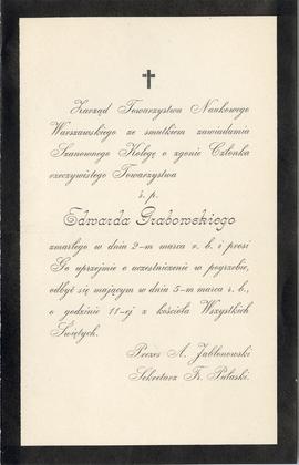 Zawiadomienie od Towarzystwa Naukowego Warszawskiego o śmierci Edwarda Grabowskiego (druk)  strona 1