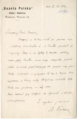 List (rękopis na papierze firmowym) od Bolesława Koskowskiego do Erazma Majewskiego