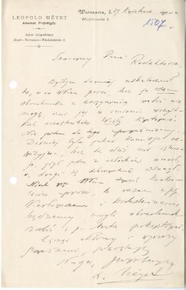 List od Leopolda Méyeta do Erazma Majewskiego (druk  rękopis)  strona 1