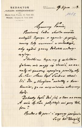 List (rękopis) od Władysława Korotyńskiego do Erazma Majewskiego