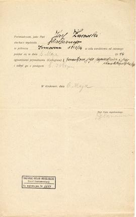 Druk wypełniony pismem odręcznym. Poświadczenie zdania przez Józefa Żurowskiego egzaminu z zakres...