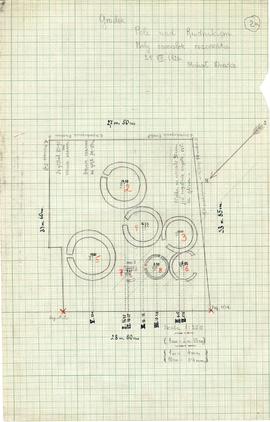 Rysunek odręczny wbw. Gródek  pow. Równe. Plan kurhanów "Pole nad Rudnikiem. Mały czworobok ...
