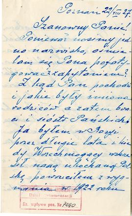 Rękopis listu Walerjana Żurowskiego do Romana Żurowskiego (brata Józefa) z dnia 22.08.1927 r. wra...
