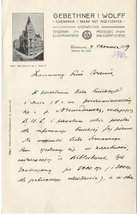 List od firmy Gebethner i Wolff do Erazma Majewskiego (druk  rękopis)  strona 1