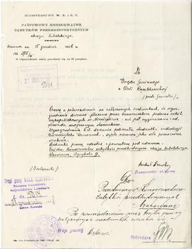 Rękopis. Strona zawiera dwa pisma.  1: pismo konserwatora Michała Drewko z dnia 15 grudnia 1928 r...