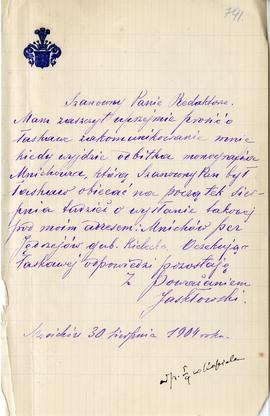 List od Wacława Jaskowskiego do Erazma Majewskiego (rękopis)  strona 1