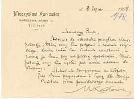 List od Mieczysława Karłowicza do Erazma Majewskiego (rękopis)  strona 1