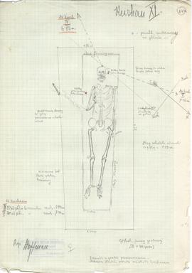 Rysunek odręczny jbw. Gródek  pow. Równe  pole "Nad Rudnikiem". Plan jamy grobowej w ku...