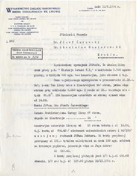 Maszynopis pisma Wydawnictwa Zakładu Narodowego im. Ossolińskich we Lwowie do Józefa Żurowskiego ...