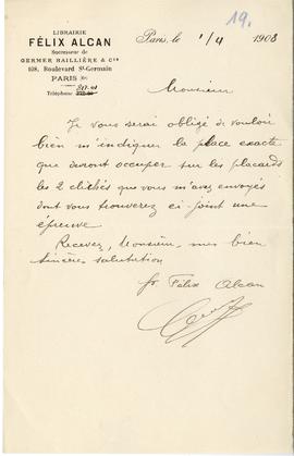 List od Feliksa Alcana do Erazma Majewskiego (rękopis)  strona 1